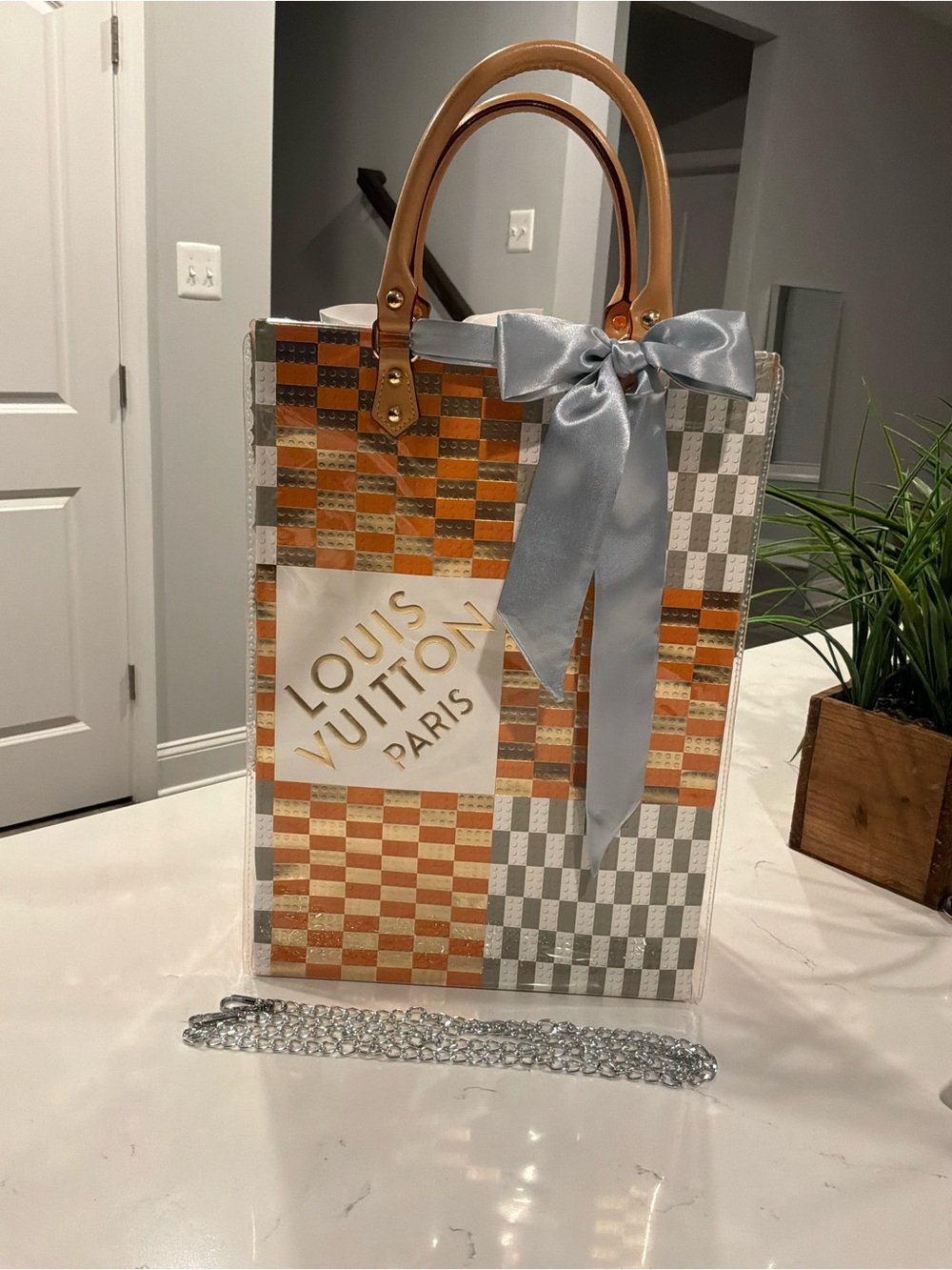 Handcrafted Upcycled Shopping Bag Tote | Leather Handles | Dual Chains